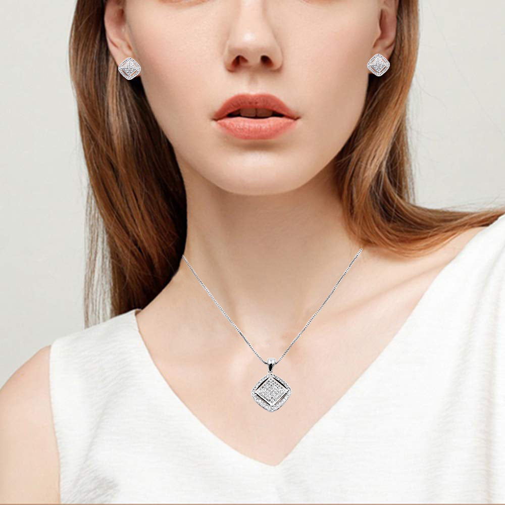 Square Shape Pendant Necklace with Trendy Micro Paved AAA Clear Cubic Zirconia