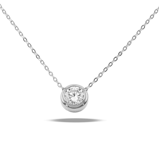 Round Cubic Zirconia Solitaire Fashion Pendant Necklace, Rhodium Plated