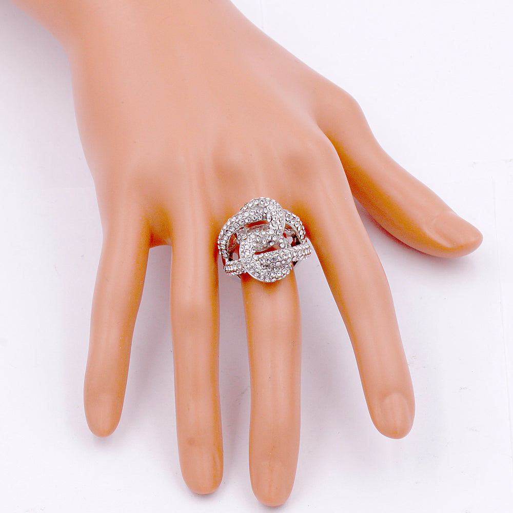 Lavencious Rhodium Plated 2 Circles Linked Design with Crystals Stretch Rings Statement Rings Free Size for Women