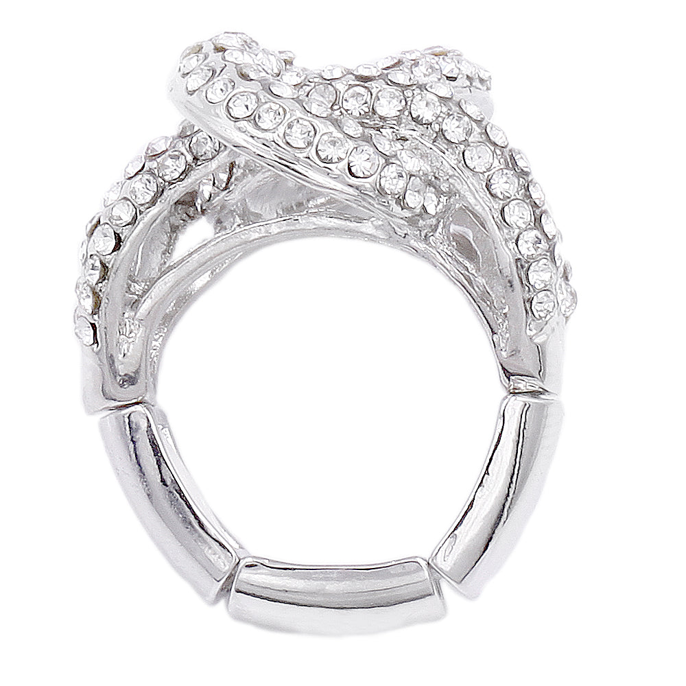 Lavencious Rhodium Plated 2 Circles Linked Design with Crystals Stretch Rings Statement Rings Free Size for Women