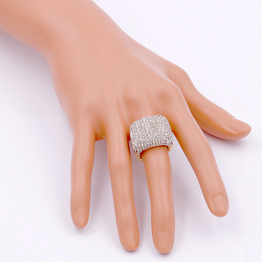 Lavencious Gold Plated Half Cube Shape with Clear Crystals Stretch Rings Statement Rings Free Size for Women