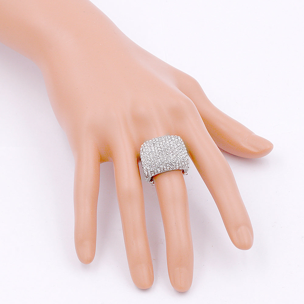 Lavencious Rhodium Plated Half Cube Shape with Clear Crystals Stretch Rings Statement Rings Free Size for Women