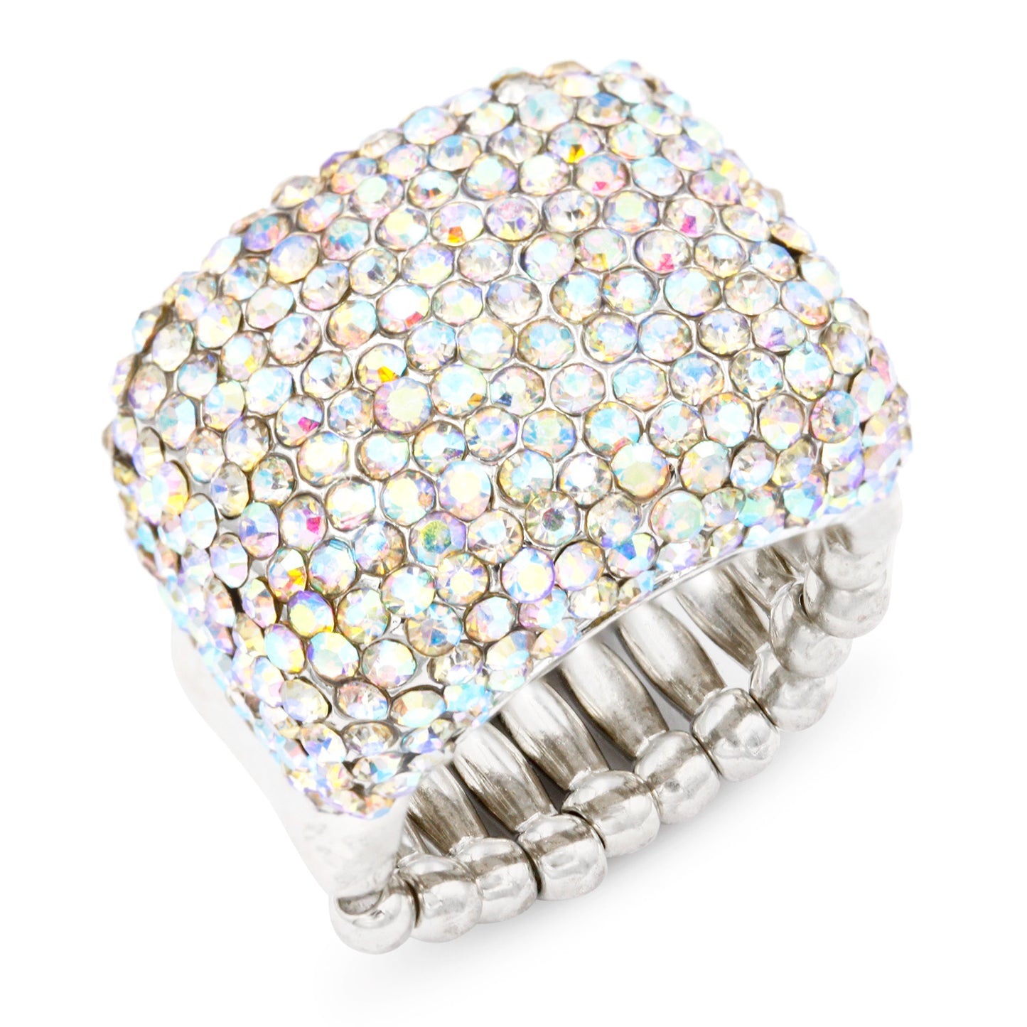 Lavencious Rhodium Plated Half Cube Shape with AB Crystals Stretch Rings Statement Rings Free Size for Women