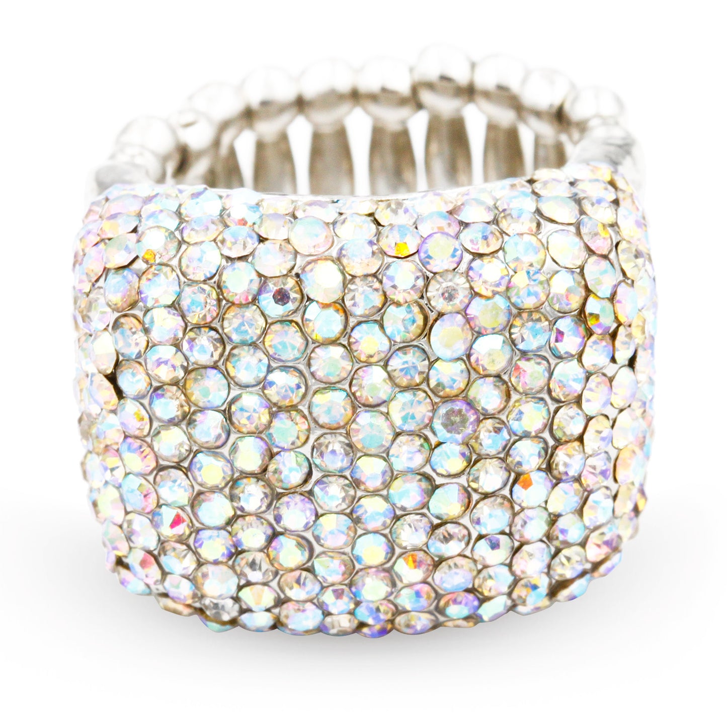 Lavencious Rhodium Plated Half Cube Shape with AB Crystals Stretch Rings Statement Rings Free Size for Women