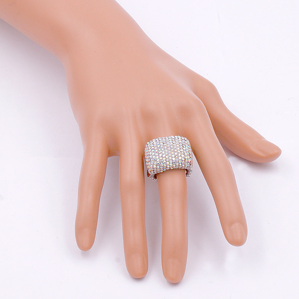 Lavencious Rhodium Plated Half Cube Shape with AB Crystals Stretch Rings Statement Rings Free Size for Women
