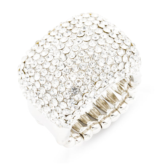 Lavencious Rhodium Plated Half Cube Shape with Clear Crystals Stretch Rings Statement Rings Free Size for Women