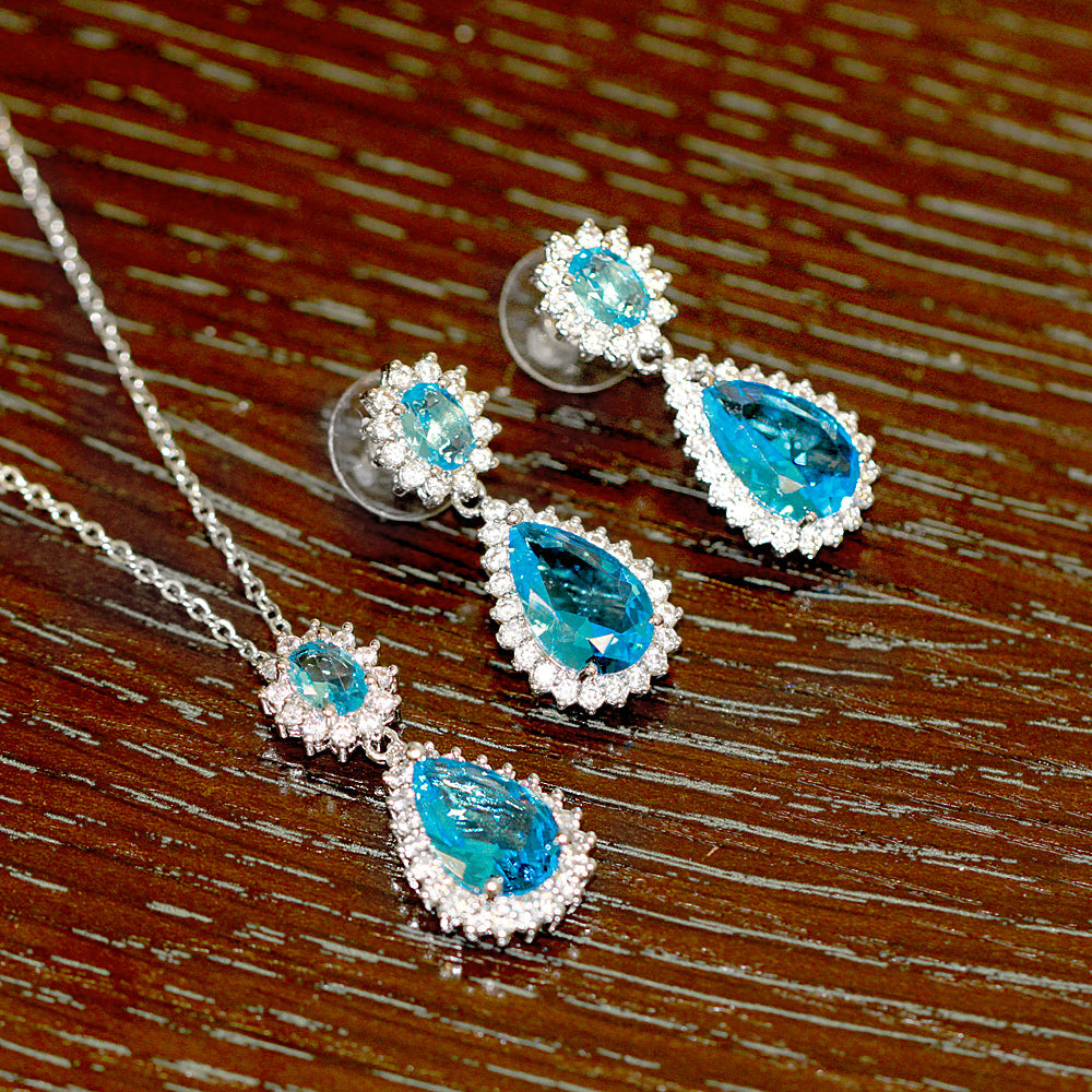 Lavencious Teardrop Dangle with AAA Aqua Cubic Zirconia Necklace & Earrings Set
