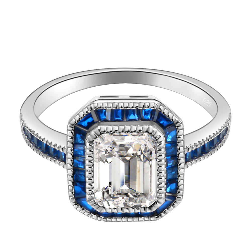 Lavencious Royal Halo Clear & Blue CZ Stones Engagement Rings in Sterling Silver 925 Size 5 to 10