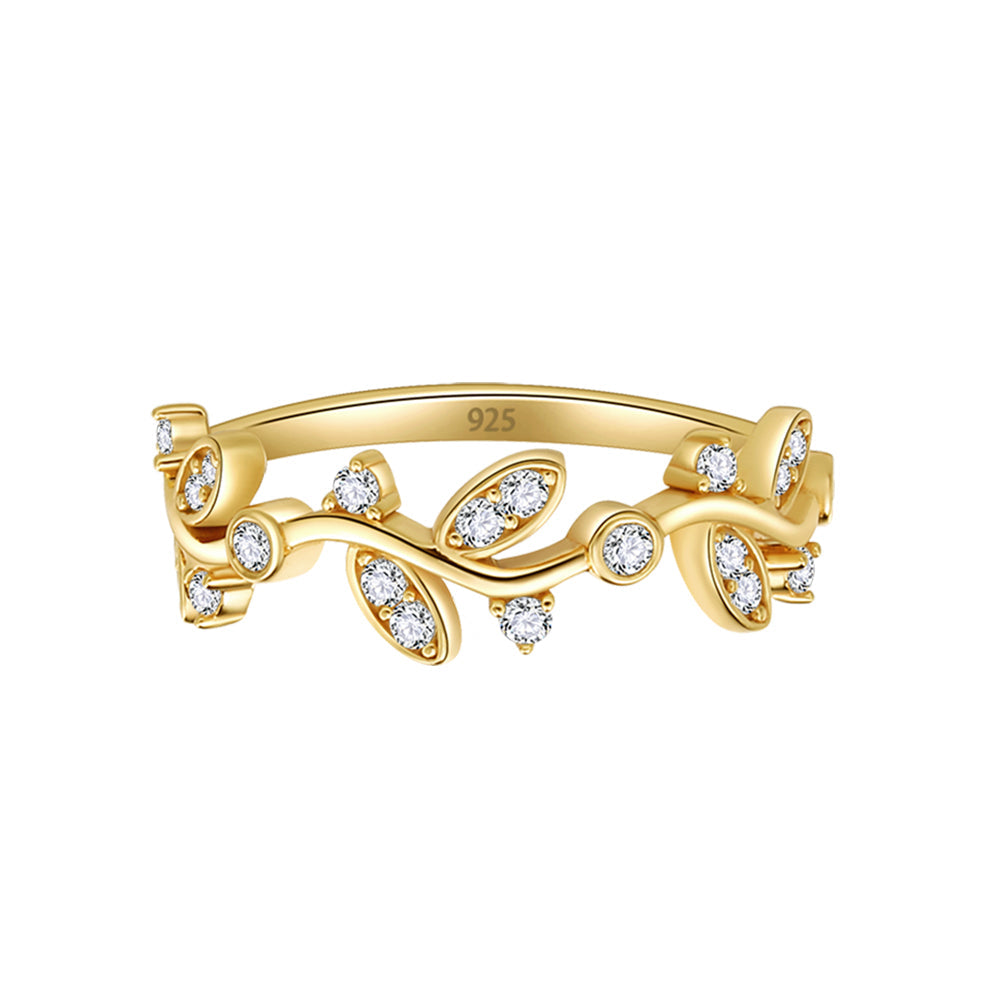 Lavencious Gold Plated Sterling Silver Curved Olive Branch with Clear CZ Stones Wedding Band Promise Ring for Women Size 4-10