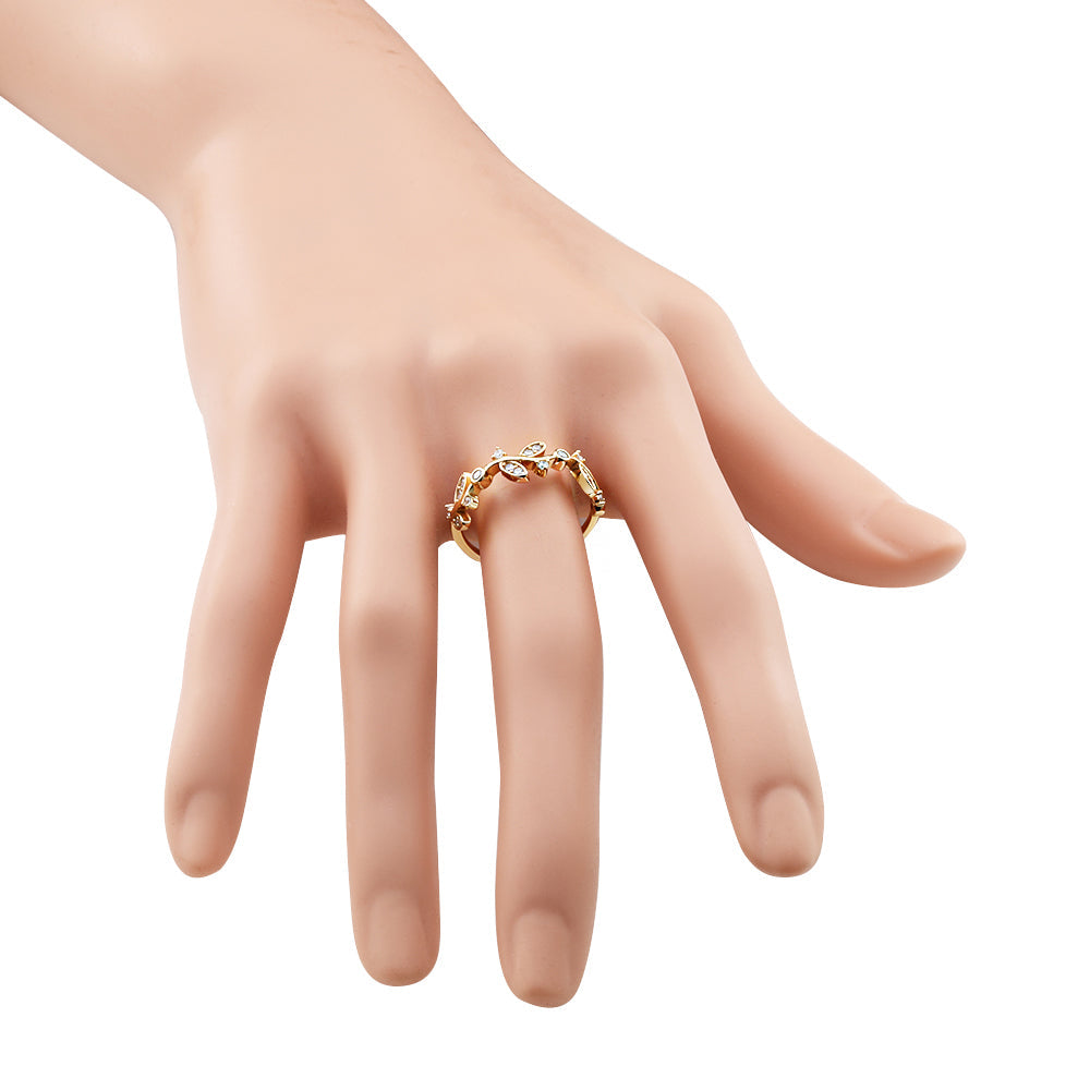 Lavencious Gold Plated Sterling Silver Curved Olive Branch with Clear CZ Stones Wedding Band Promise Ring for Women Size 4-10