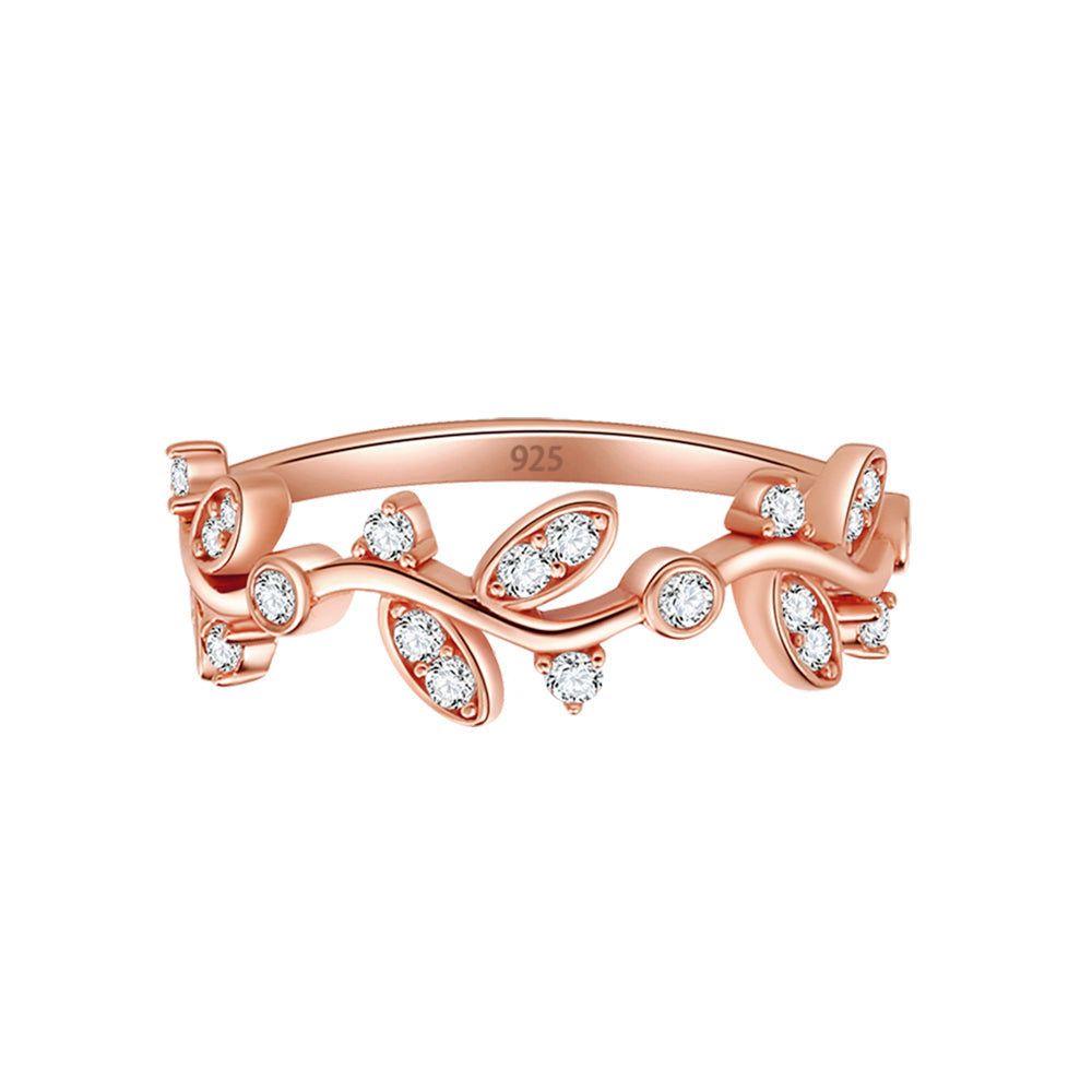 Lavencious Rose Gold Plated Sterling Silver Curved Olive Branch with Clear CZ Stones Wedding Band Promise Ring for Women Size 4-10