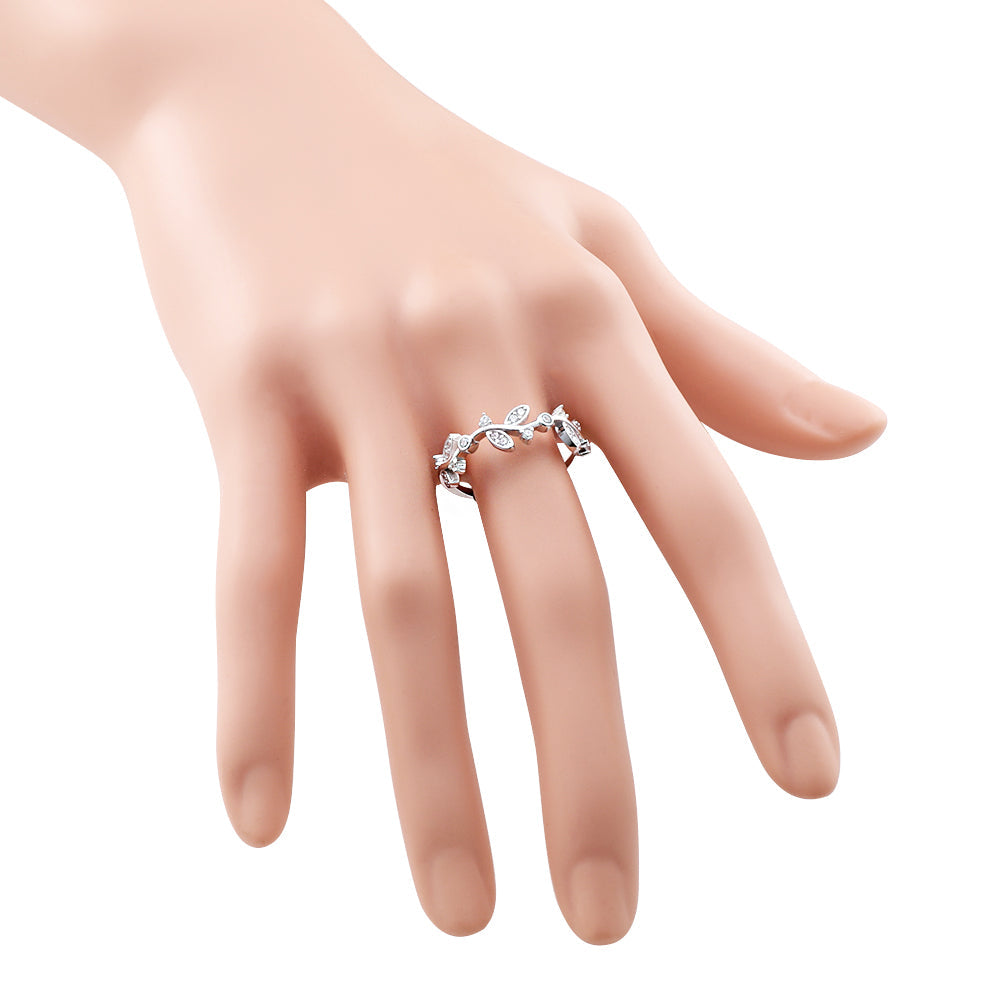 Lavencious Sterling Silver Curved Olive Branch with Clear CZ Stones Wedding Band Promise Ring for Women Size 4-10