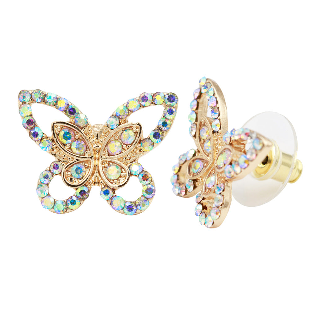 Gold Plated Butterfly Stud Earrings with Clear AB Crystal