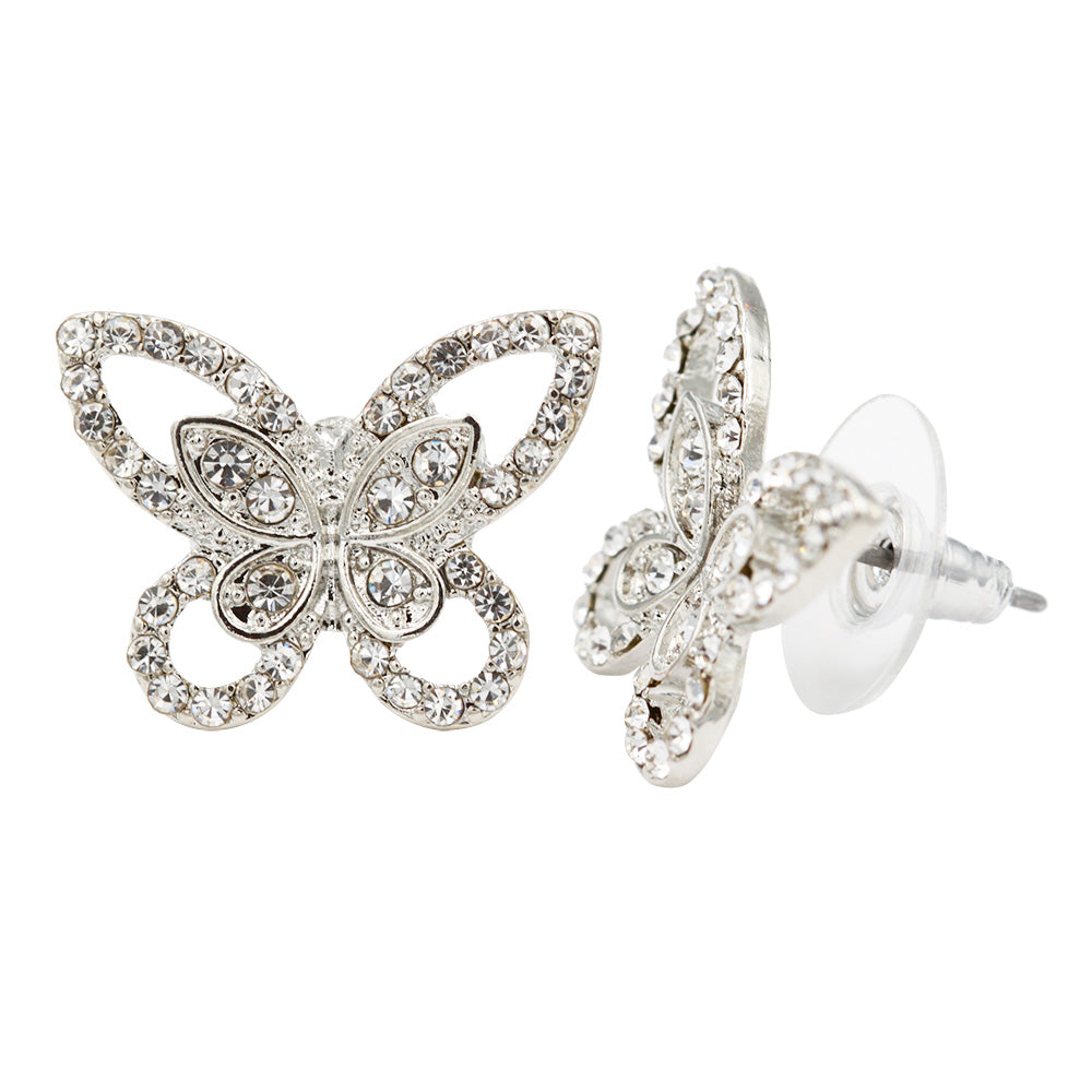 Rhodium Plated Butterfly Stud Earrings with Clear Crystal