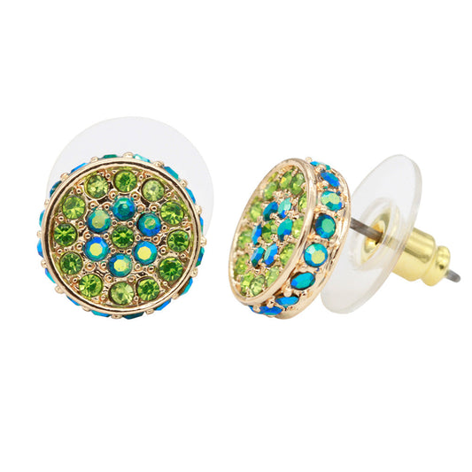 Gold Plated Round Earrings Paved with Emerald Green Crystal