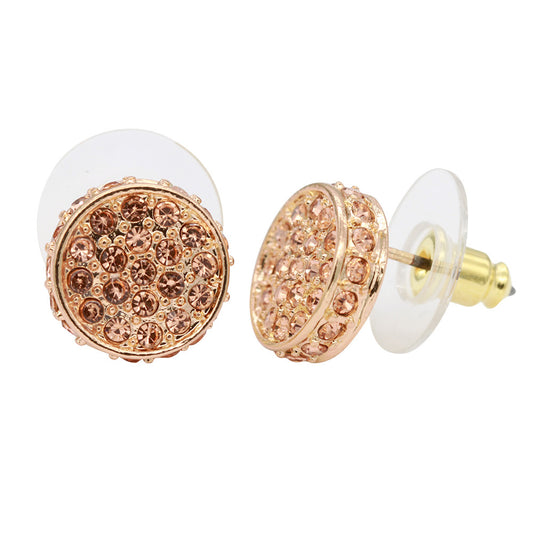 Rose Gold Plated Round Stud Earring Paved with Peach Crystal