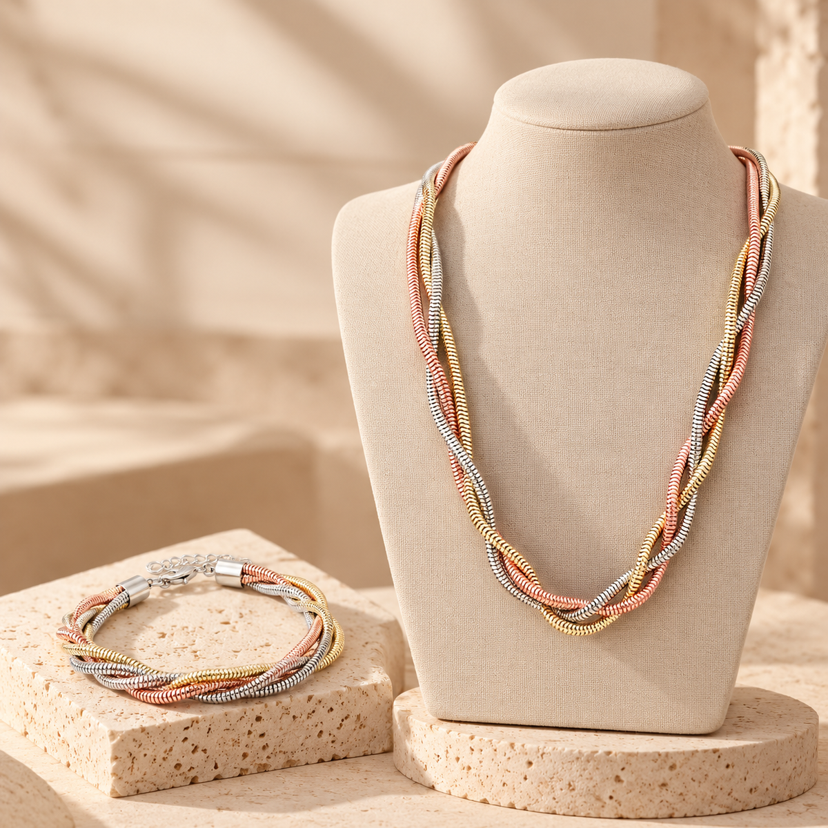 Lavencious Tri-Tone Plated Three Line Necklace, 16"+3" and Three Line Bracelet, 7.5" Long Set