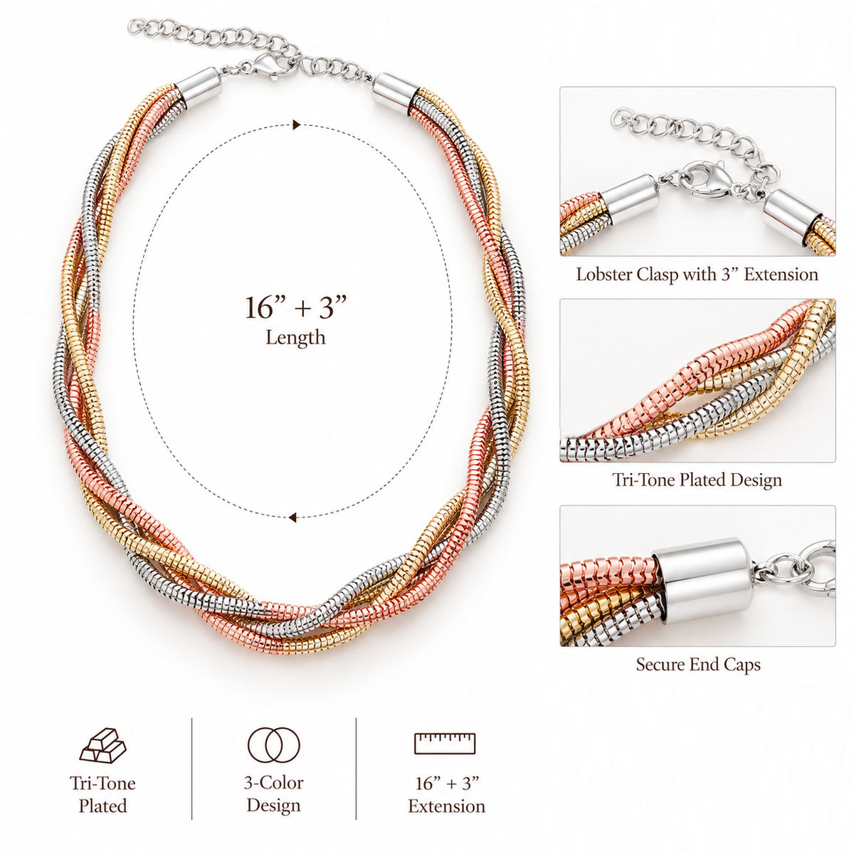 Lavencious Tri-Tone Plated Three Line Necklace, 16"+3" and Three Line Bracelet, 7.5" Long Set