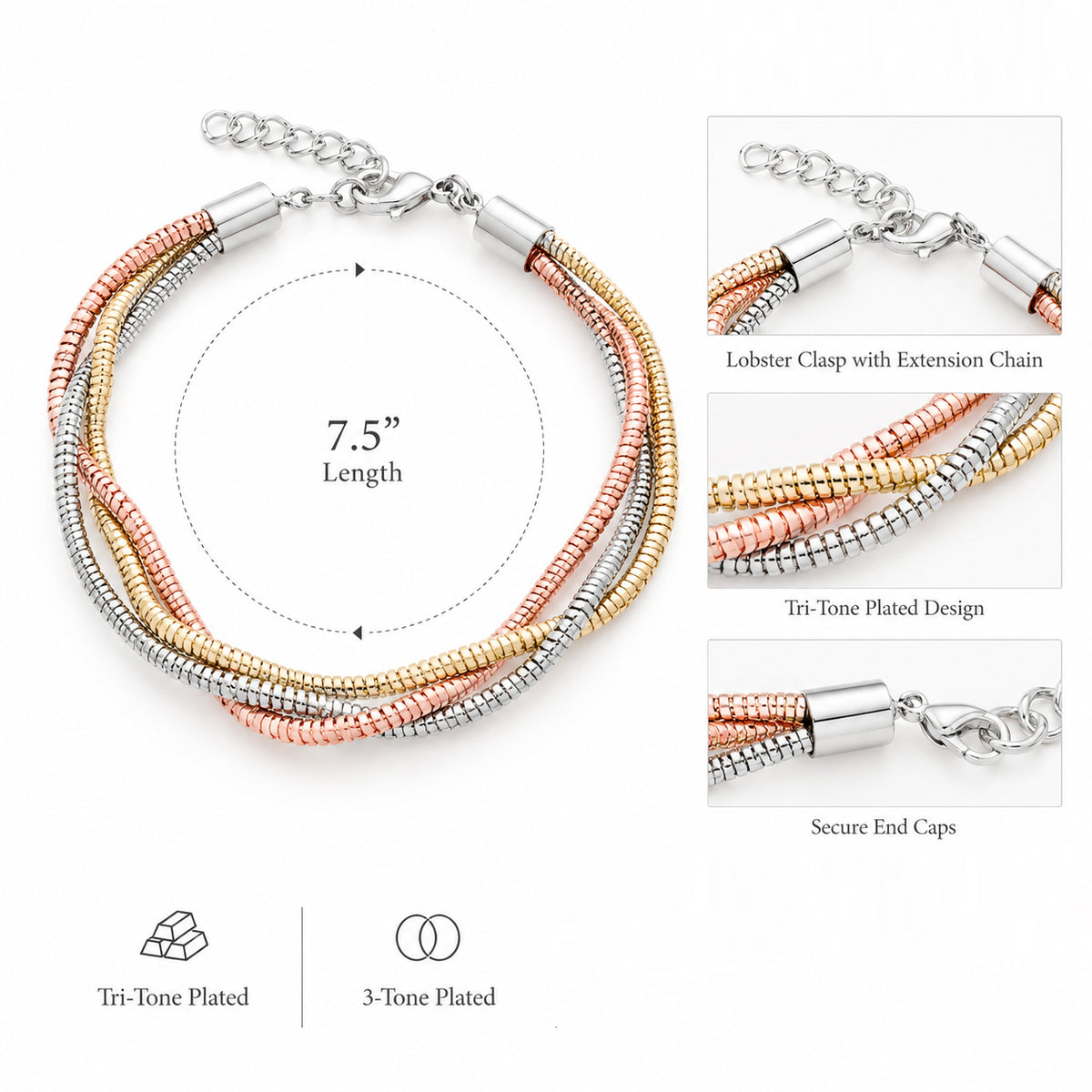 Lavencious Tri-Tone Plated Three Line Necklace, 16"+3" and Three Line Bracelet, 7.5" Long Set