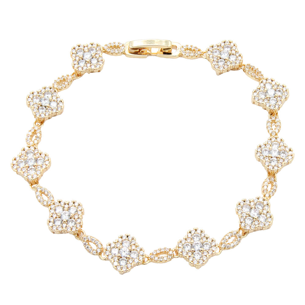 14K Gold Plated With Cubic Zirconia Clover Bracelets, 7"