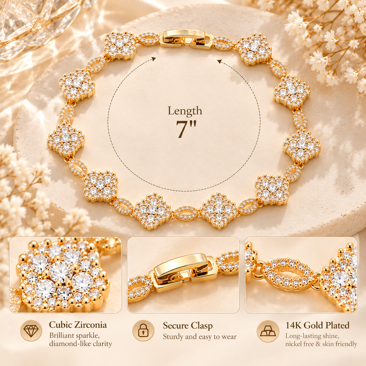 14K Gold Plated With Clear Cubic Zirconia Clover Bracelets, 7"