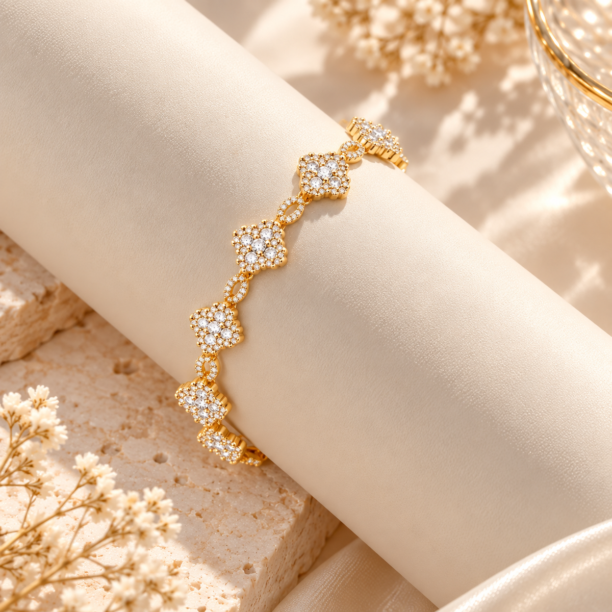 14K Gold Plated With Clear Cubic Zirconia Clover Bracelets, 7"
