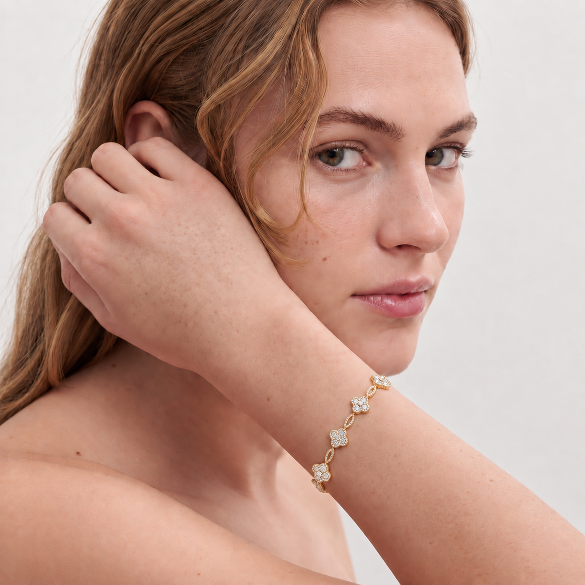 14K Gold Plated With Clear Cubic Zirconia Clover Bracelets, 7"