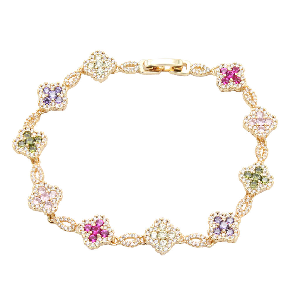 14K Gold Plated With Cubic Zirconia Clover Bracelets, 7"