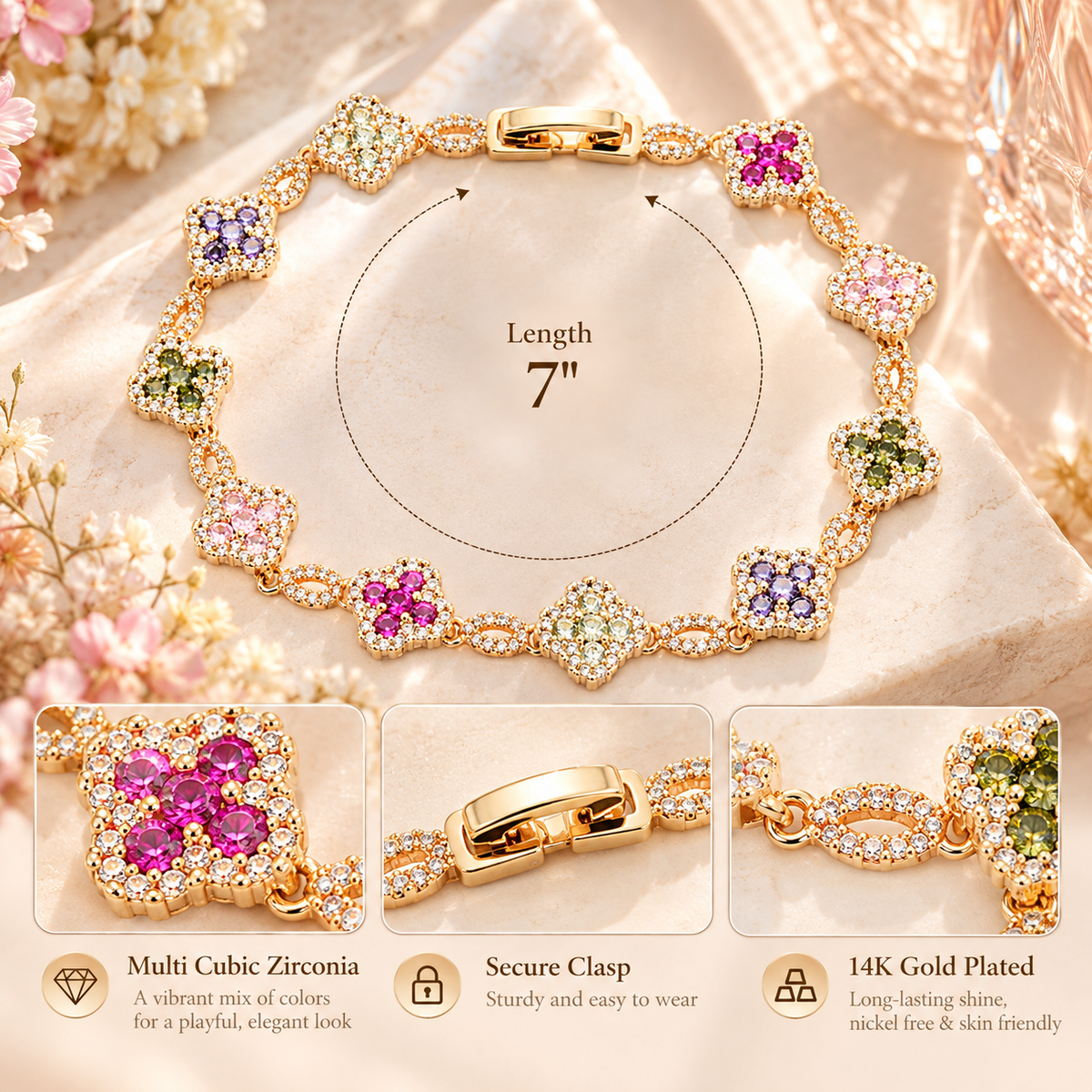 14K Gold Plated With Multicolor Cubic Zirconia Clover Bracelets, 7"