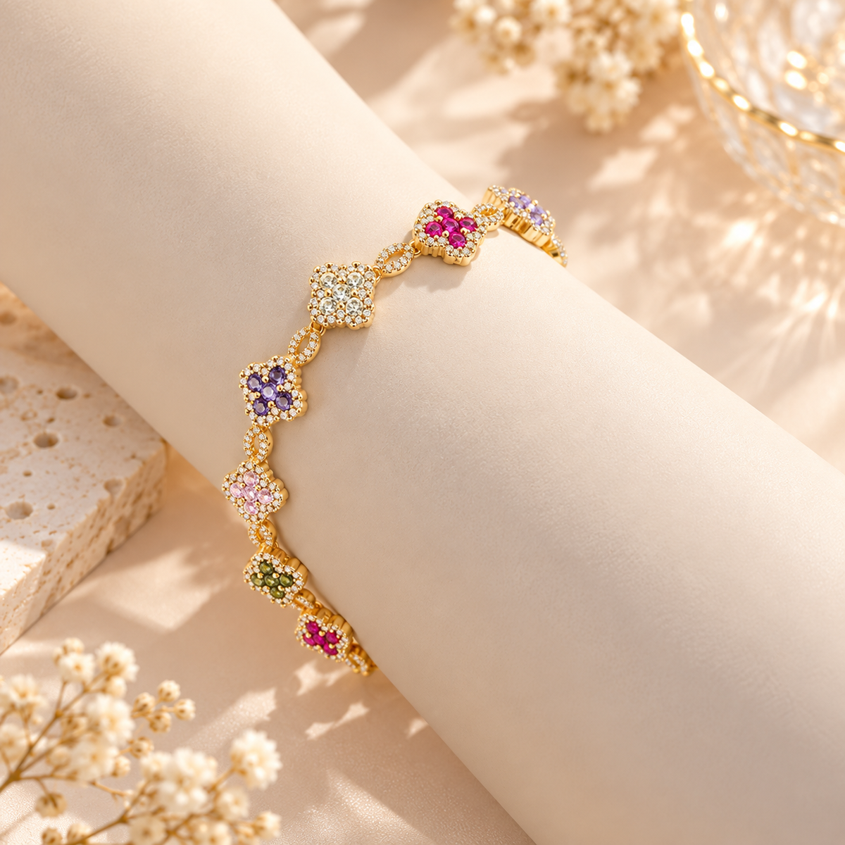 14K Gold Plated With Multicolor Cubic Zirconia Clover Bracelets, 7"