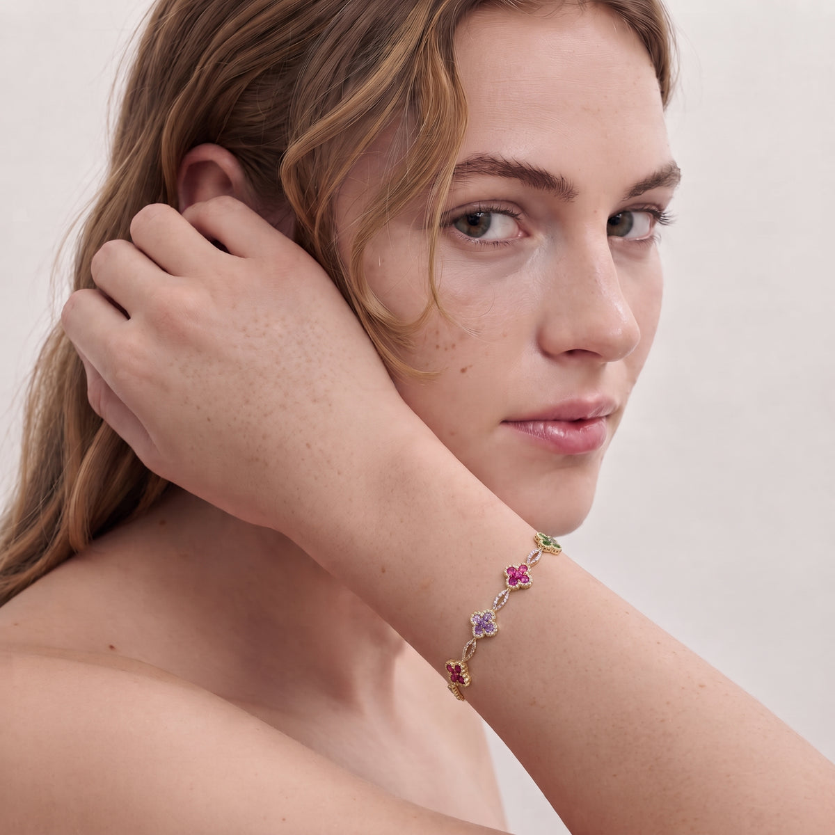 14K Gold Plated With Multicolor Cubic Zirconia Clover Bracelets, 7"