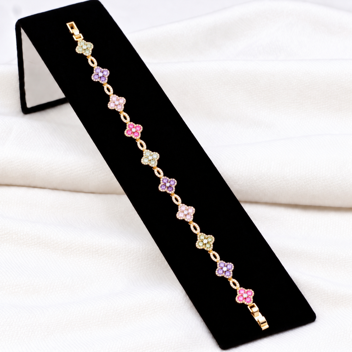 14K Gold Plated With Multicolor Cubic Zirconia Clover Bracelets, 7"