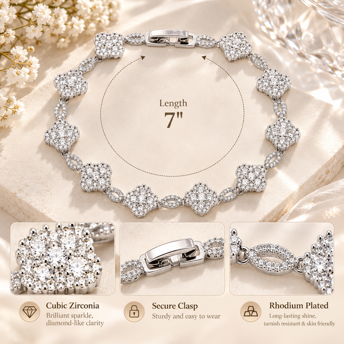 Rhodium Plated With Clear Cubic Zirconia Clover Bracelets, 7"