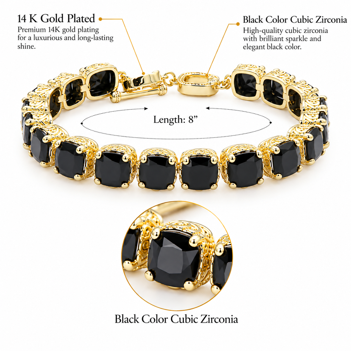 Lavencious 14K Gold Plated With Black Cubic Zirconia Tennis Bracelets