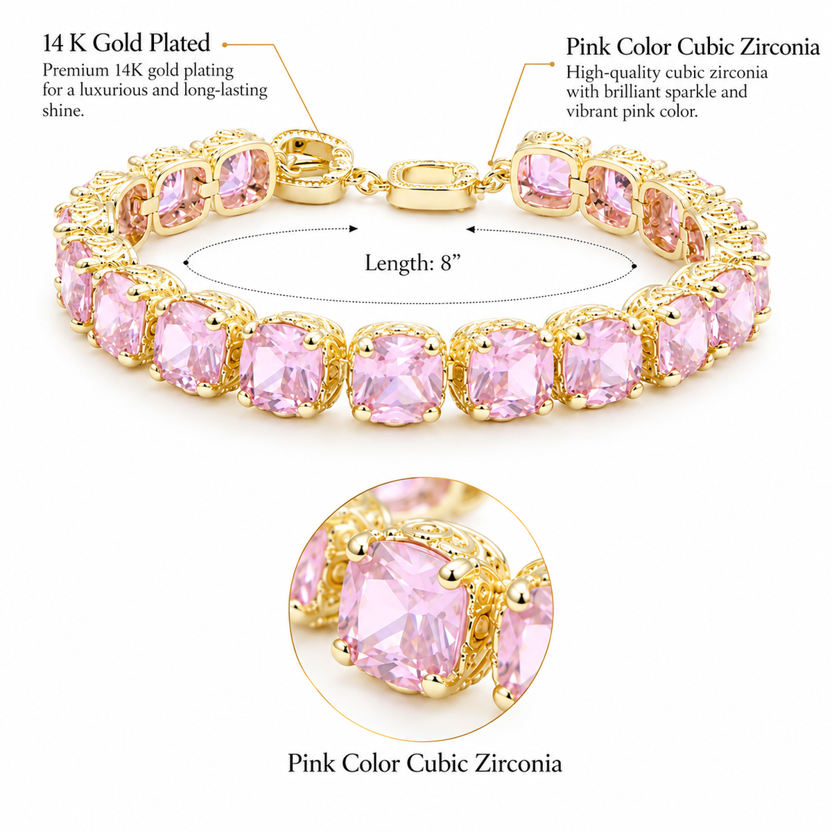 Lavencious 14K Gold Plated With Pink Cubic Zirconia Tennis Bracelets