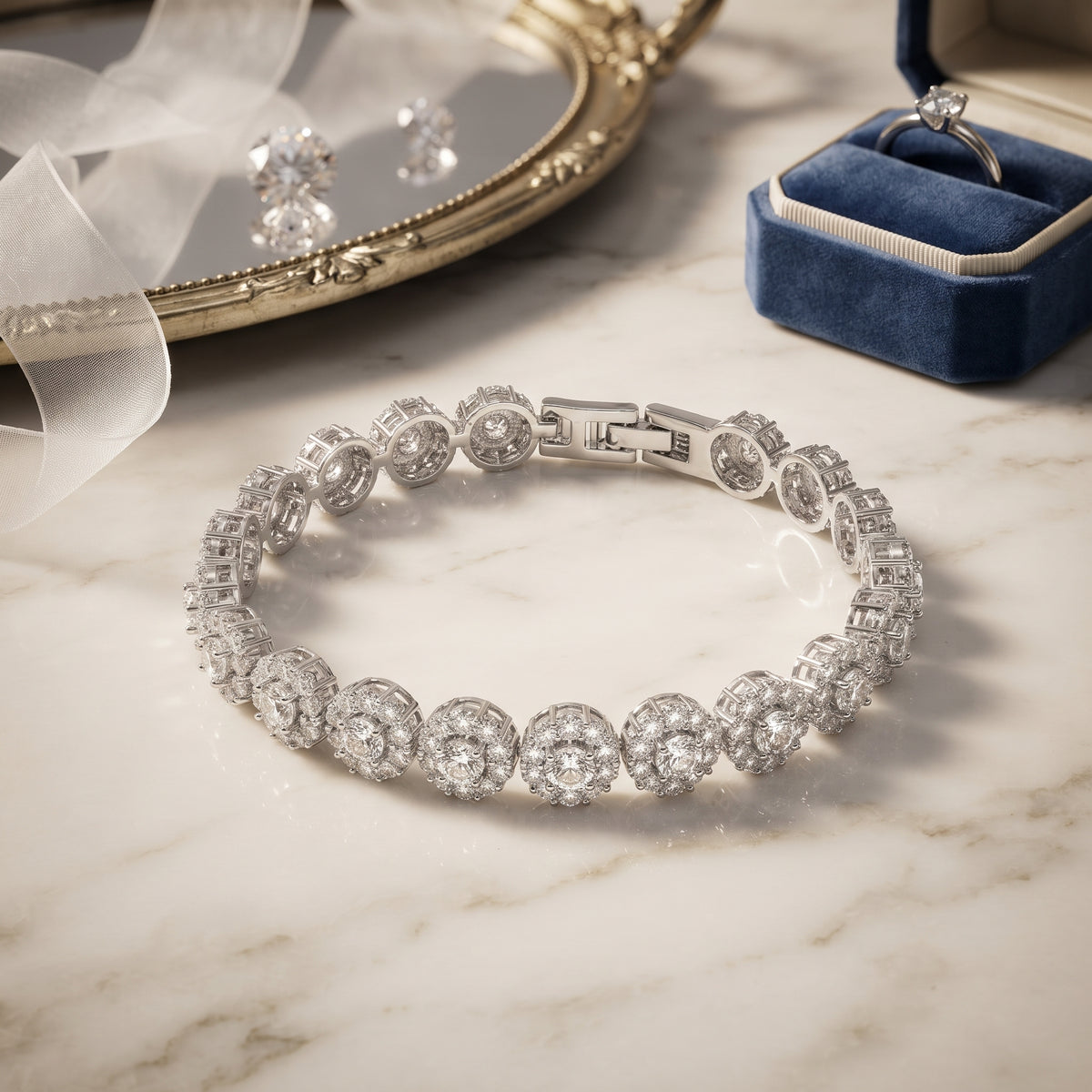 Lavencious Rhodium Plated With Clear Cubic Zirconia Bracelets 7.25"