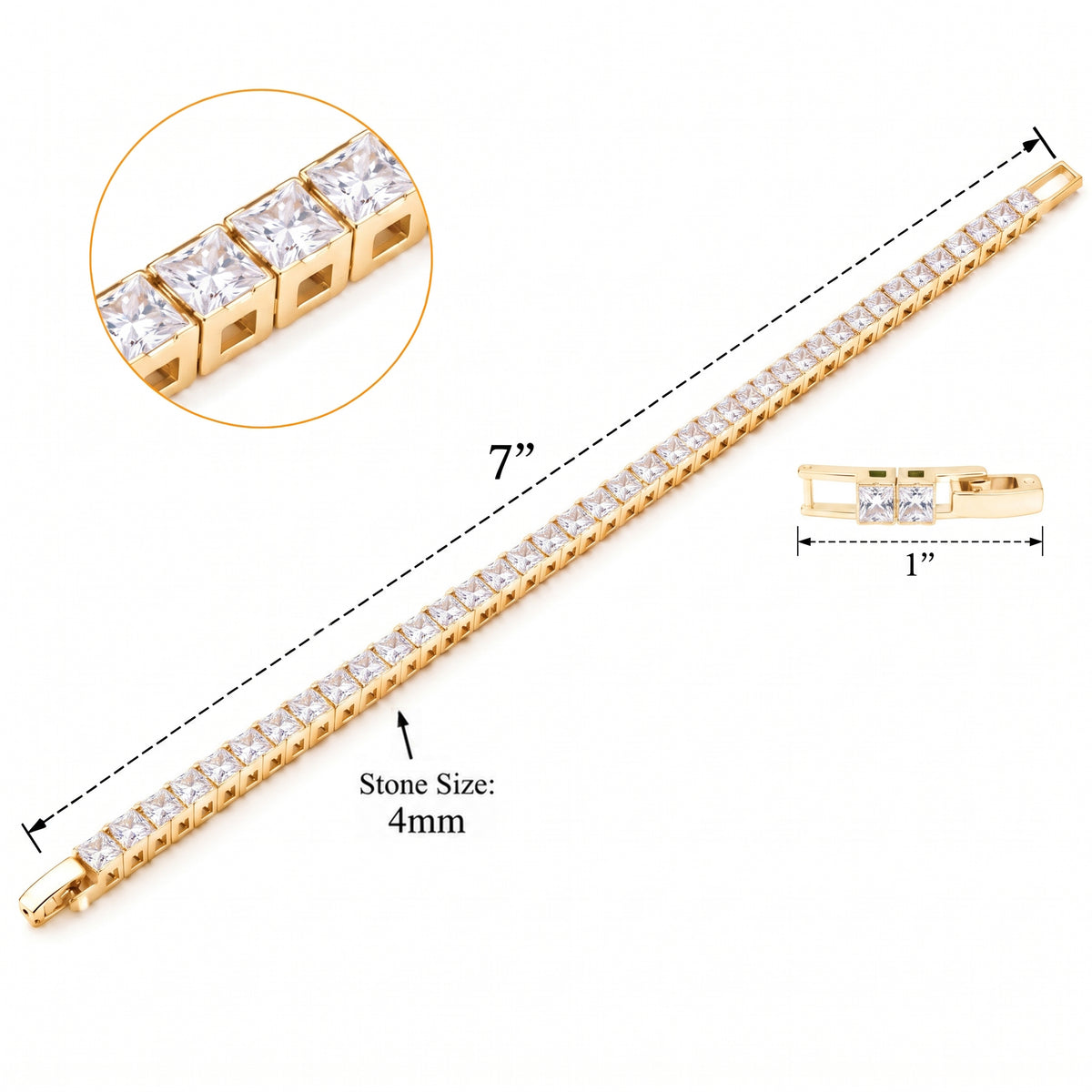Lavencious Gold Plated with 4mm Emerald Clear Princess Cut AAAAA Cubic Zirconia Tennis Bracelets