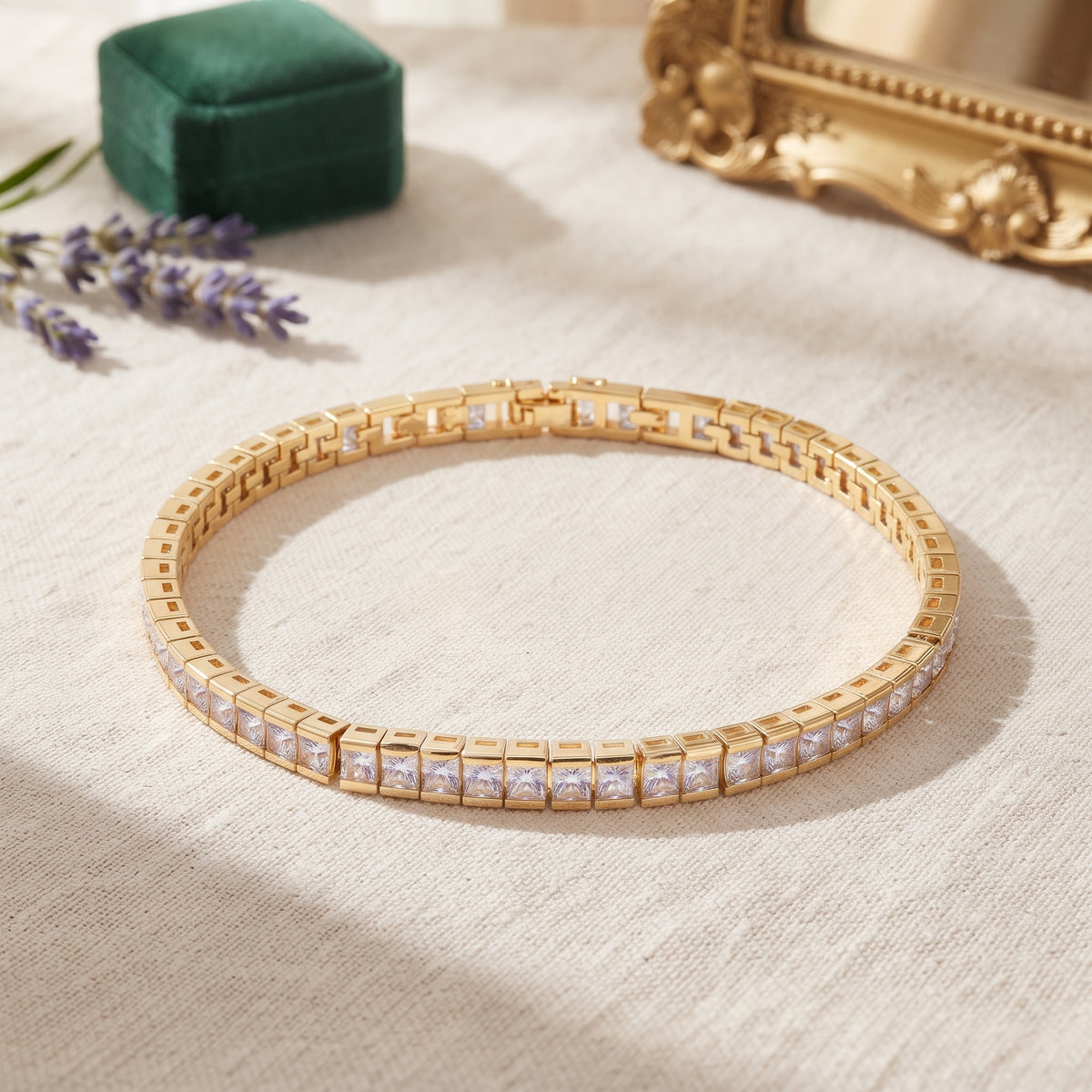 Lavencious Gold Plated with 4mm Emerald Clear Princess Cut AAAAA Cubic Zirconia Tennis Bracelets