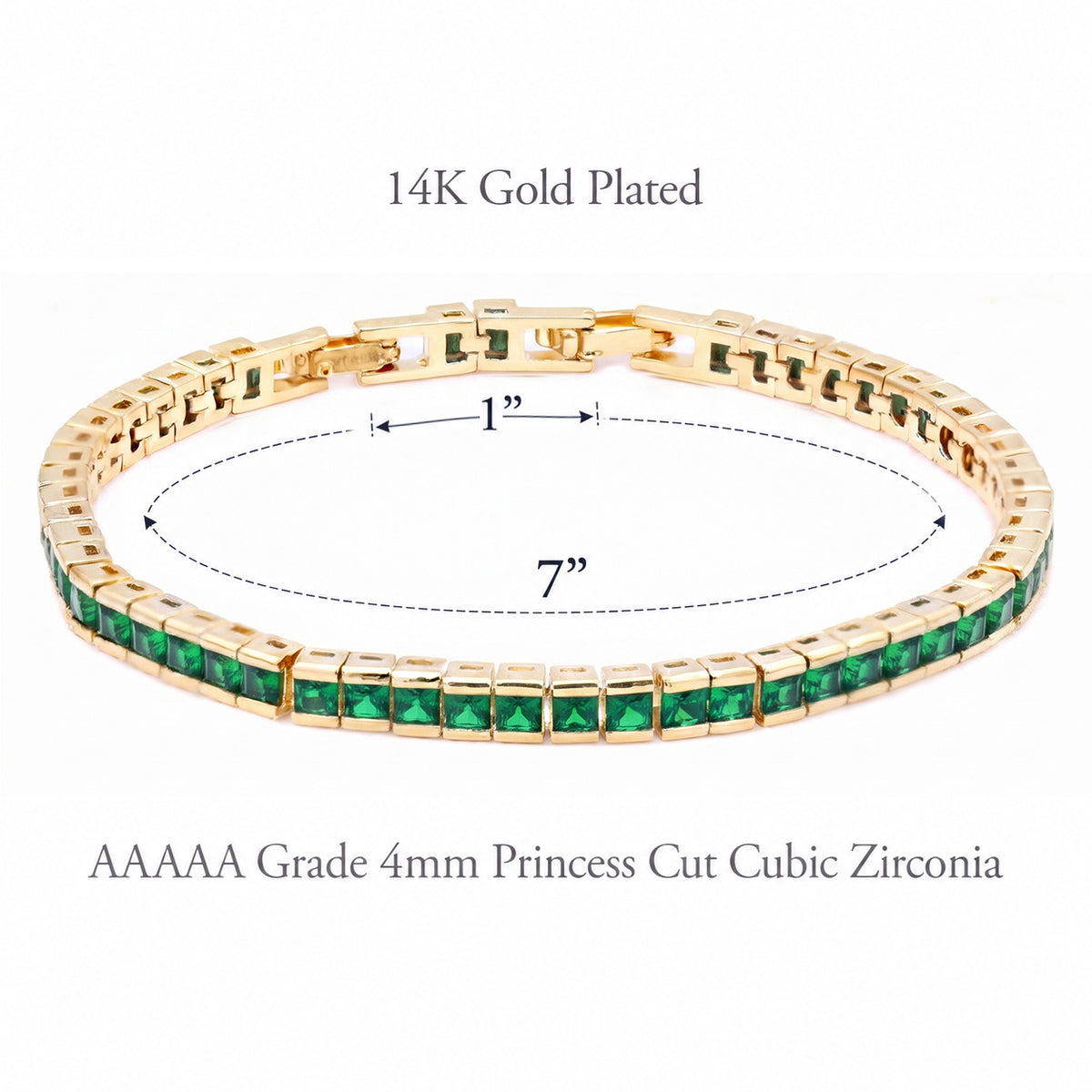 Lavencious Gold Plated with 4mm Emerald Green Princess Cut AAAAA Cubic Zirconia Tennis Bracelets