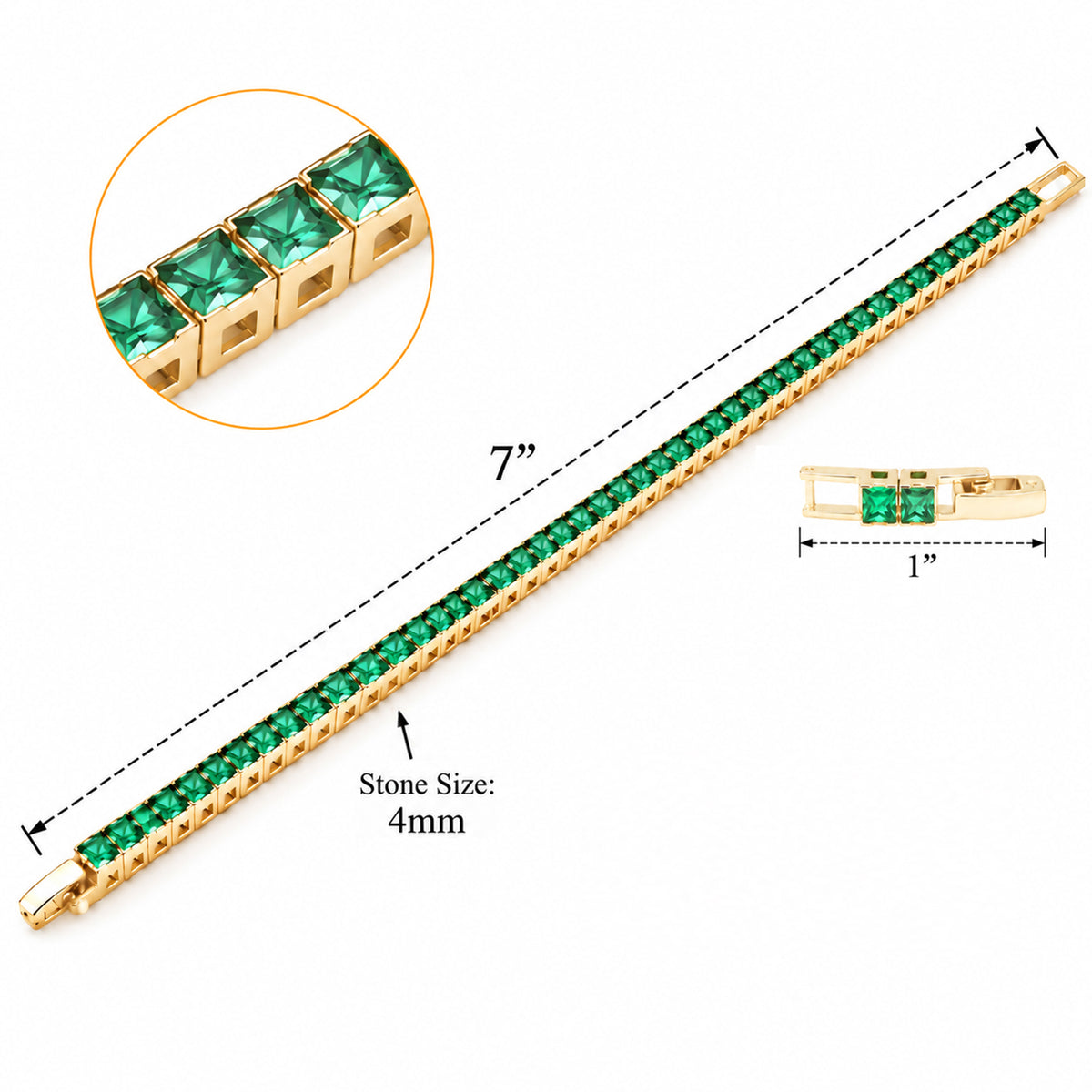 Lavencious Gold Plated with 4mm Emerald Green Princess Cut AAAAA Cubic Zirconia Tennis Bracelets