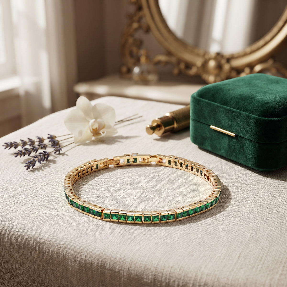 Lavencious Gold Plated with 4mm Emerald Green Princess Cut AAAAA Cubic Zirconia Tennis Bracelets
