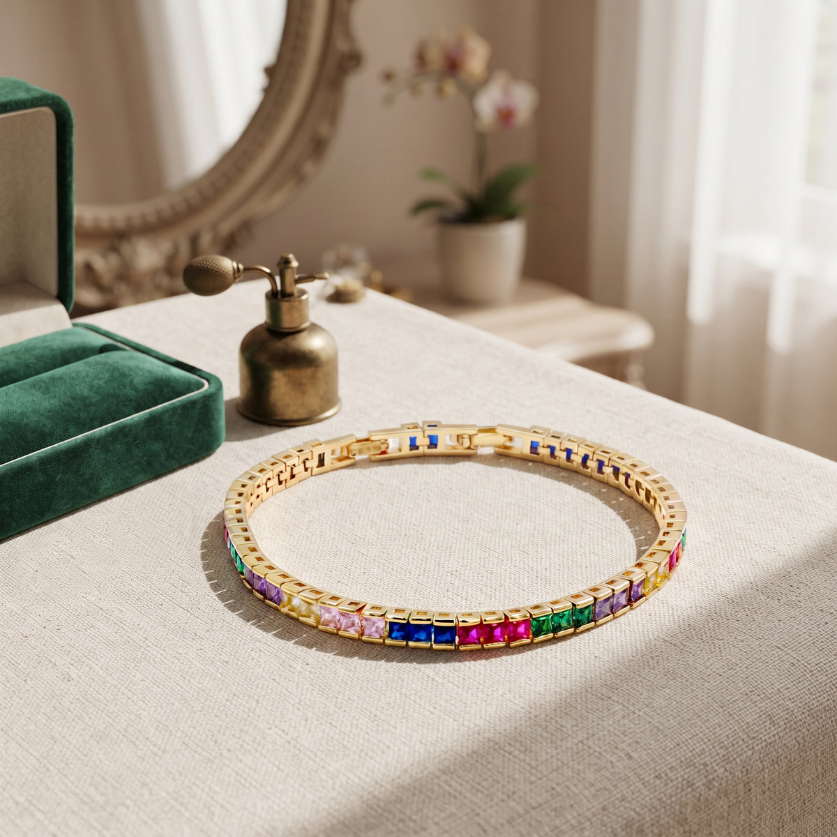 Lavencious Gold Plated with 4mm Emerald Multicolor Princess Cut AAAAA Cubic Zirconia Tennis Bracelets