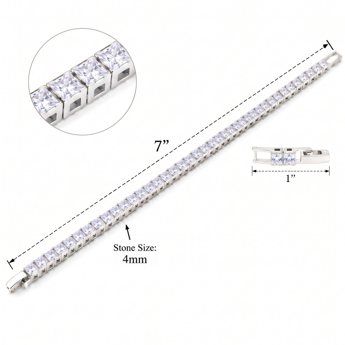Lavencious Rhodium Plated with 4mm Emerald Clear Princess Cut AAAAA Cubic Zirconia Tennis Bracelets
