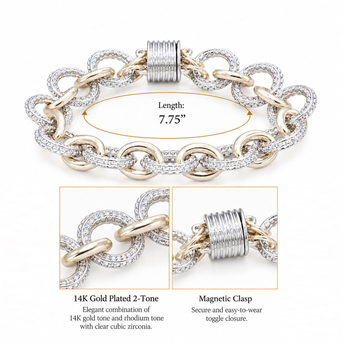 Lavencious 14K Gold Plated 2-Tone Toggle Bracelets, 7.75''