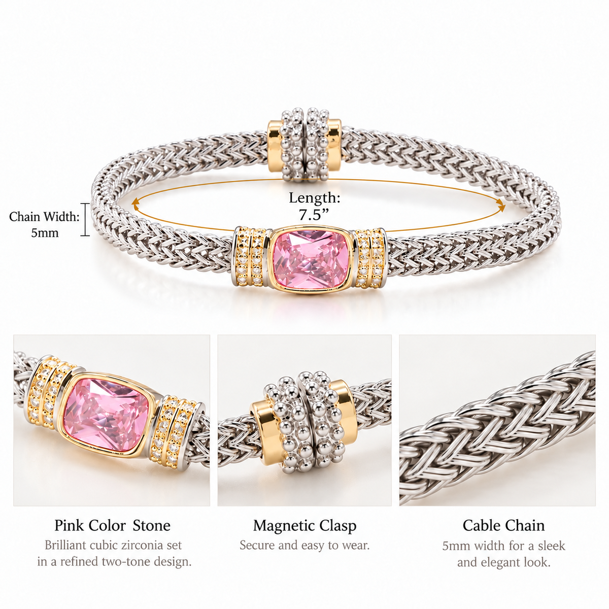 Lavencious Two-Tone Plated Pink Color Cable Bracelets, 7.5''
