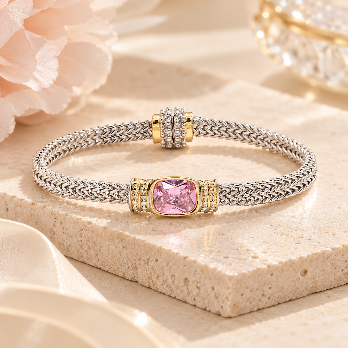 Lavencious Two-Tone Plated Pink Color Cable Bracelets, 7.5''