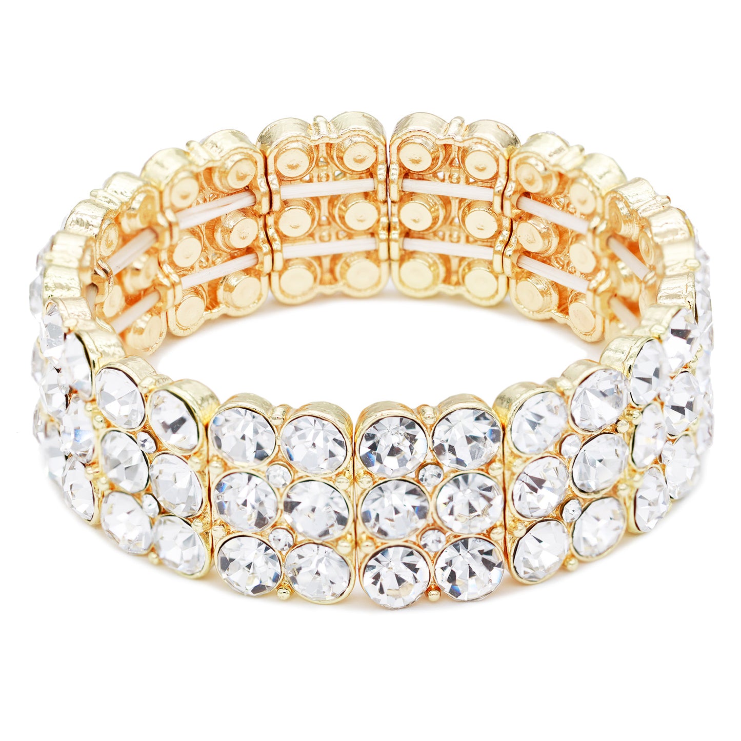 Lavencious Round Shape Rhinestone 3 Lines Stretch Bracelet Evening Party Jewelry 7” (Gold Clear)