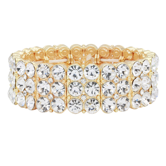 Lavencious Round Shape Rhinestone 3 Lines Stretch Bracelet Evening Party Jewelry 7” (Gold Clear)