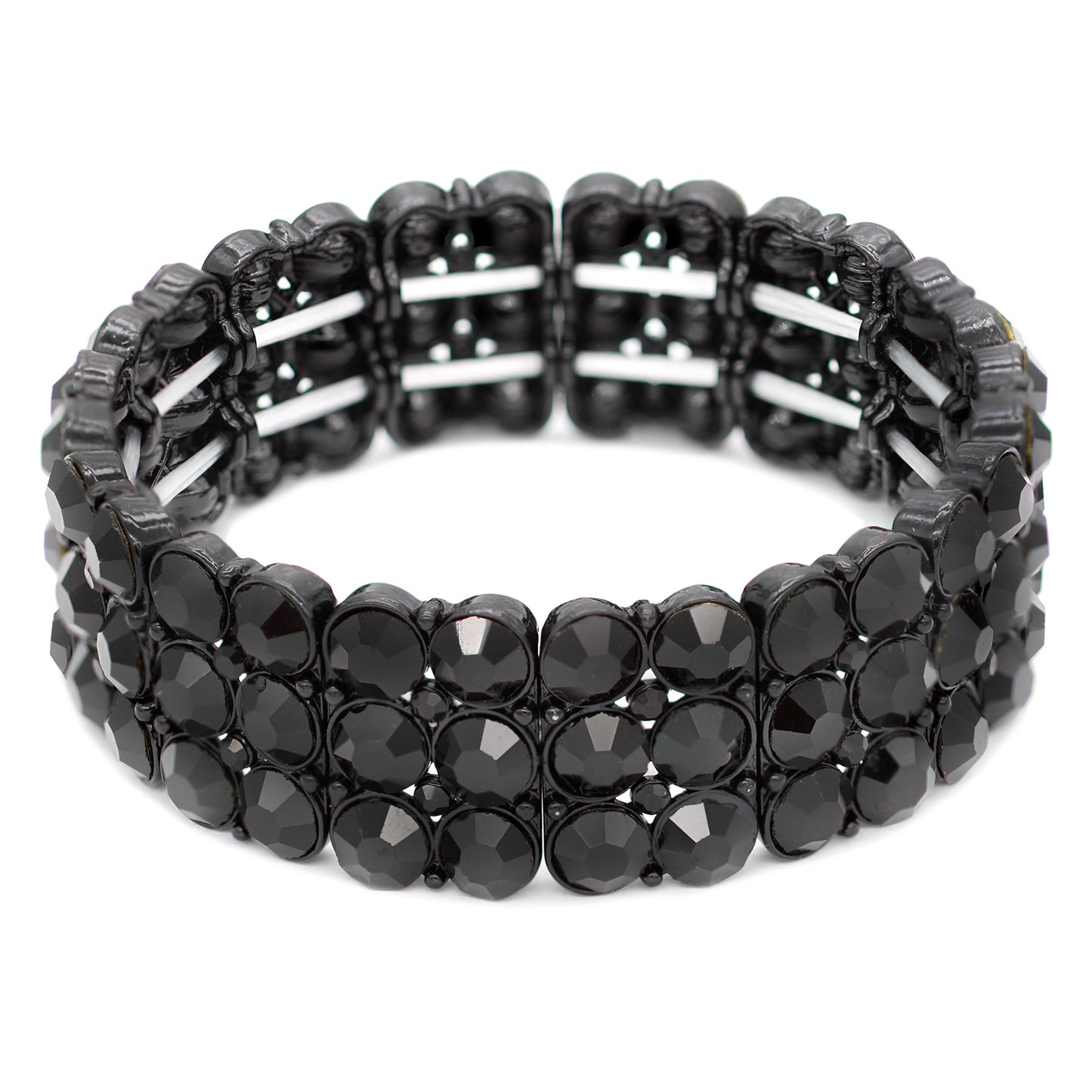 Lavencious Round Shape Rhinestone 3 Lines Stretch Bracelet Evening Party Jewelry 7” (Black Jet)