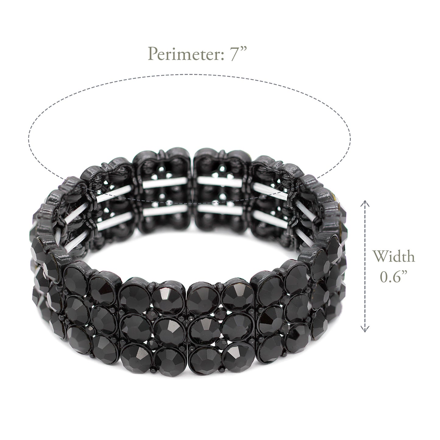 Lavencious Round Shape Rhinestone 3 Lines Stretch Bracelet Evening Party Jewelry 7” (Black Jet)